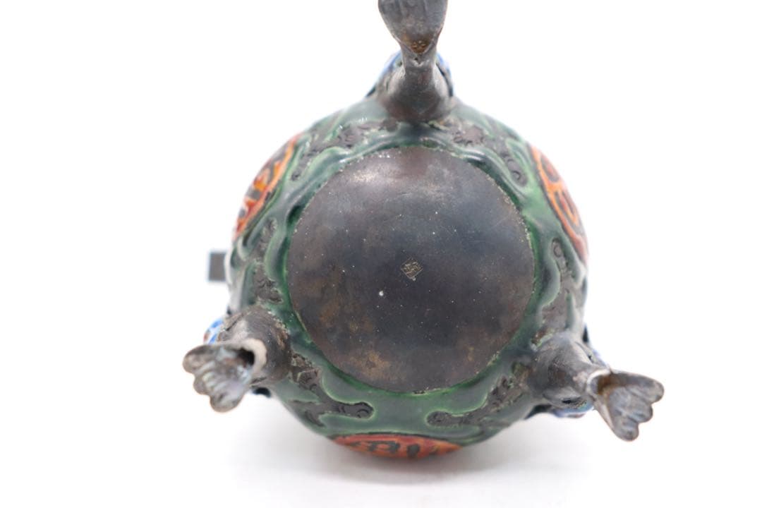 中国　清時代　福寿　銀製七宝焼獣足香炉　木箱入　送料込み250509