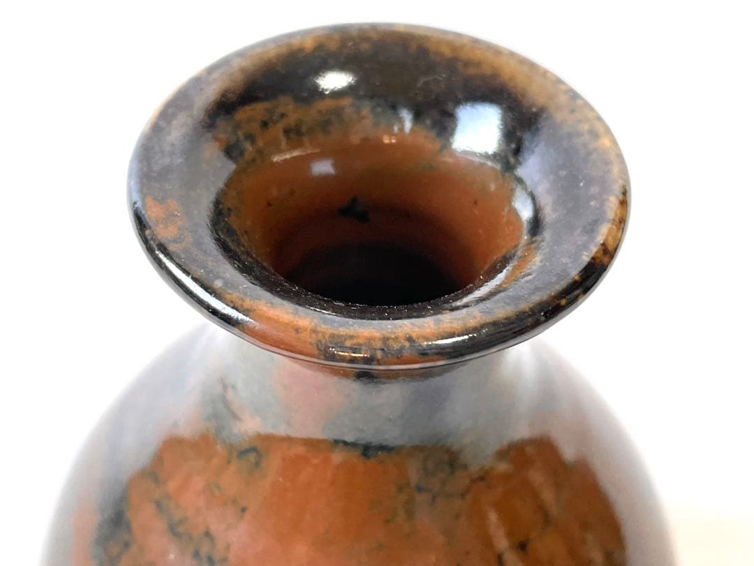 人間国宝　陶芸家　濱田庄司　浜田庄司　柿釉　トウキビ文　赤絵　徳利　共箱　民芸