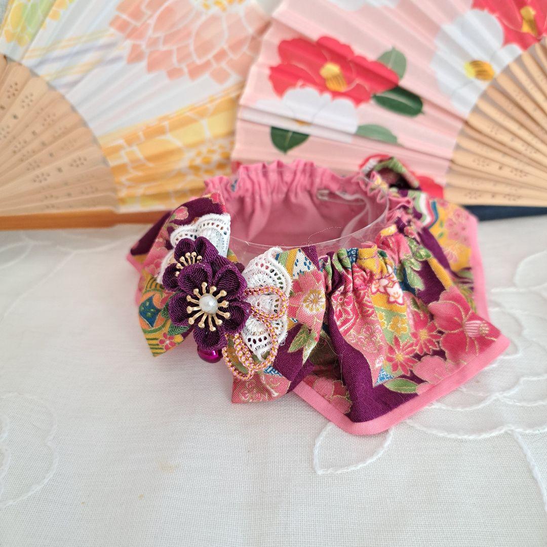 幅広シュシュ和風つまみ細工(紫)わんちゃん猫ちゃん用