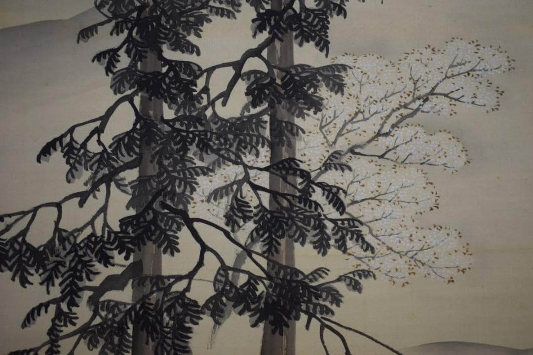 真作/前川文嶺/桜花山水図/絹表装/布袋屋掛軸HG-487