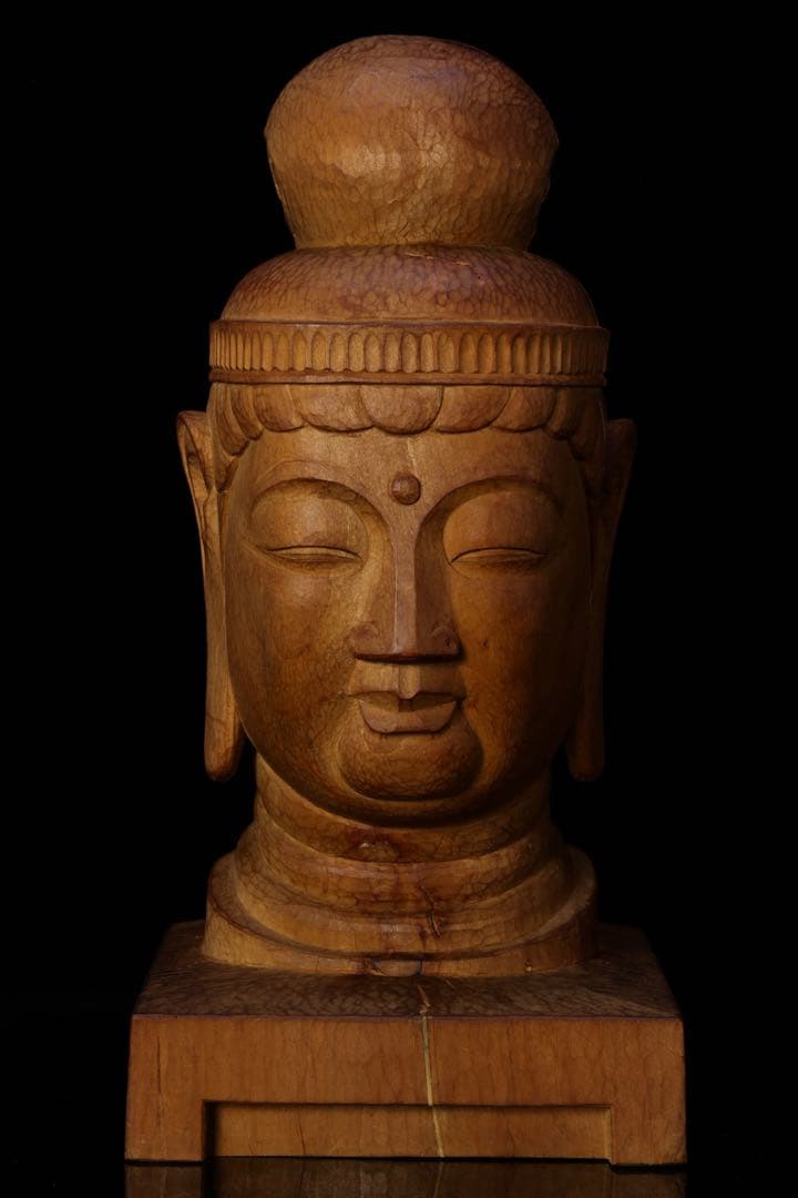 木彫『菩薩頭部』 共箱 高さ35cm 観音菩薩 仏像 頭 一刀彫 彫刻 仏教美術