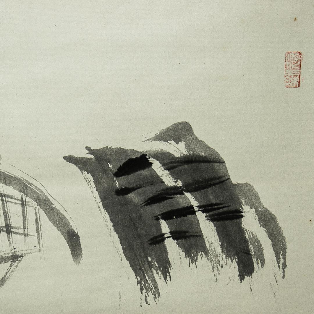 掛軸-1587　大徳寺　立花大亀　蓑と笠　善知鳥やすかたと見えしも　共箱　横幅