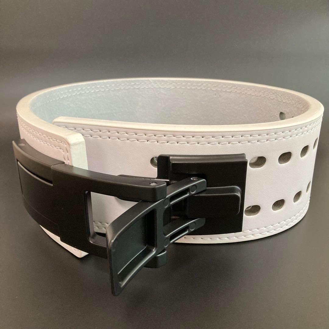 〈訳あり〉パワーベルト レバーアクション 本革 ワンタッチ可変式 白ベルト×黒B
