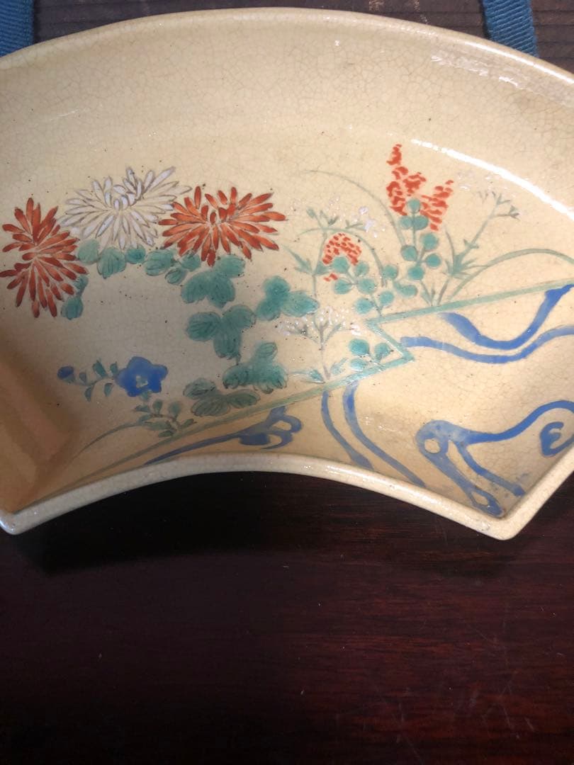 古い清水焼の色絵扇面形皿5客古箱入