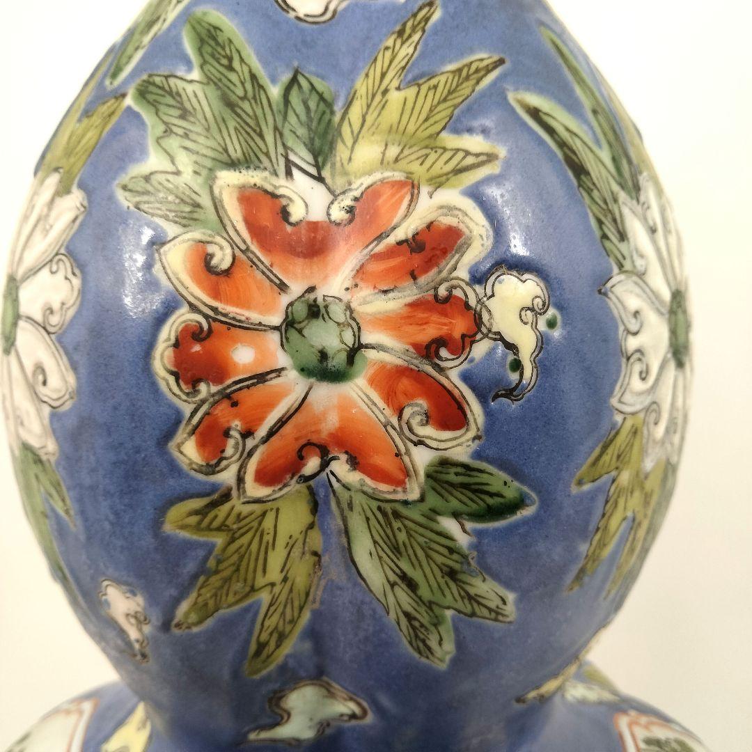 中国 大清同治年製 色絵粉彩花鳥図 瓢箪形花瓶 高さ38cm　EE