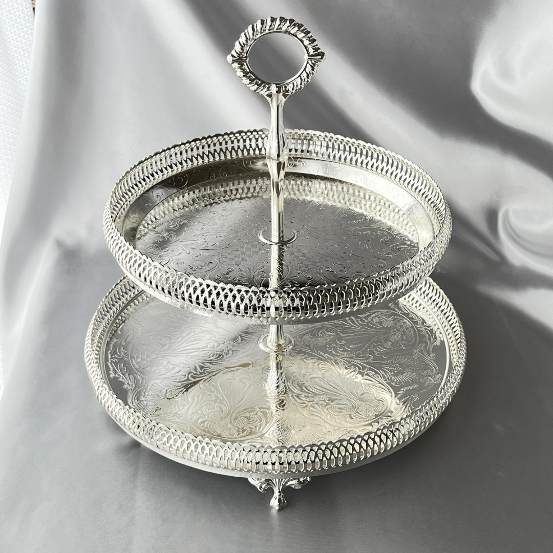 【QUEEN ANNE】 透かしのケーキスタンド 2段【シルバープレート】