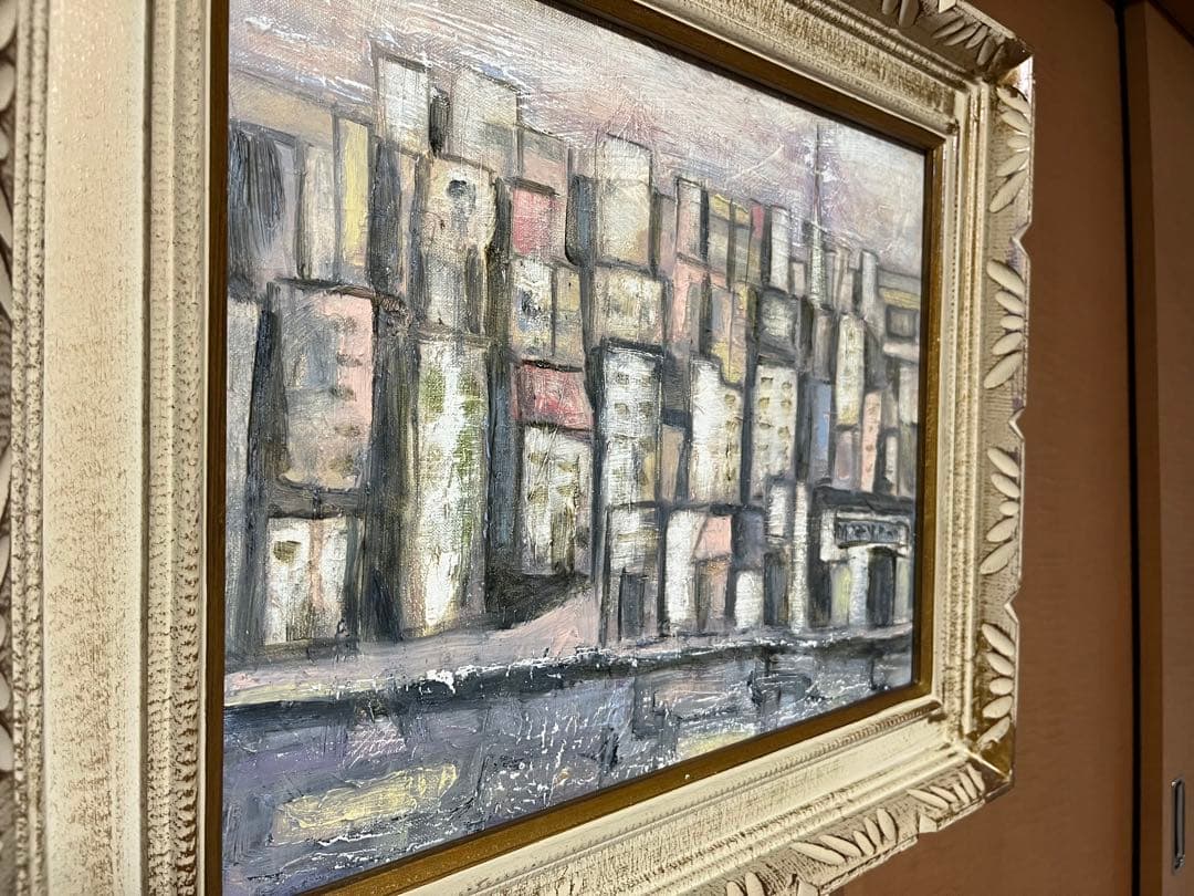 都市風景 油彩画 装飾的なフレーム付き