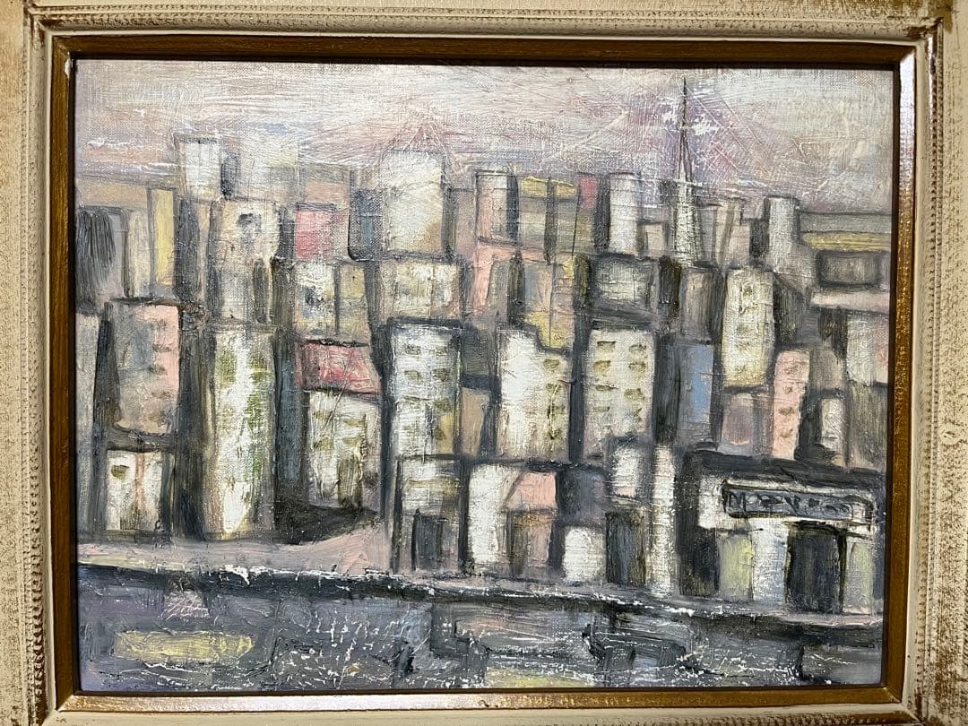 都市風景 油彩画 装飾的なフレーム付き