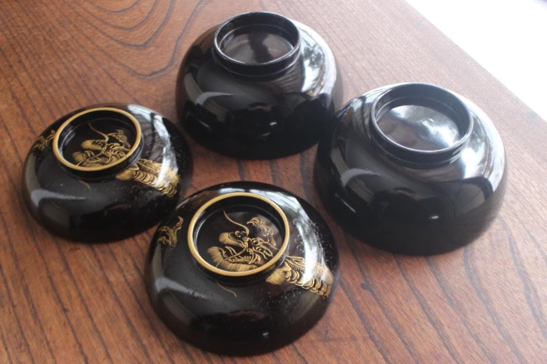 時代逸品！時代金縁黒漆に極上龍富士山沈金の映えるお椀2点（検輪島塗沈金椀懐石椀