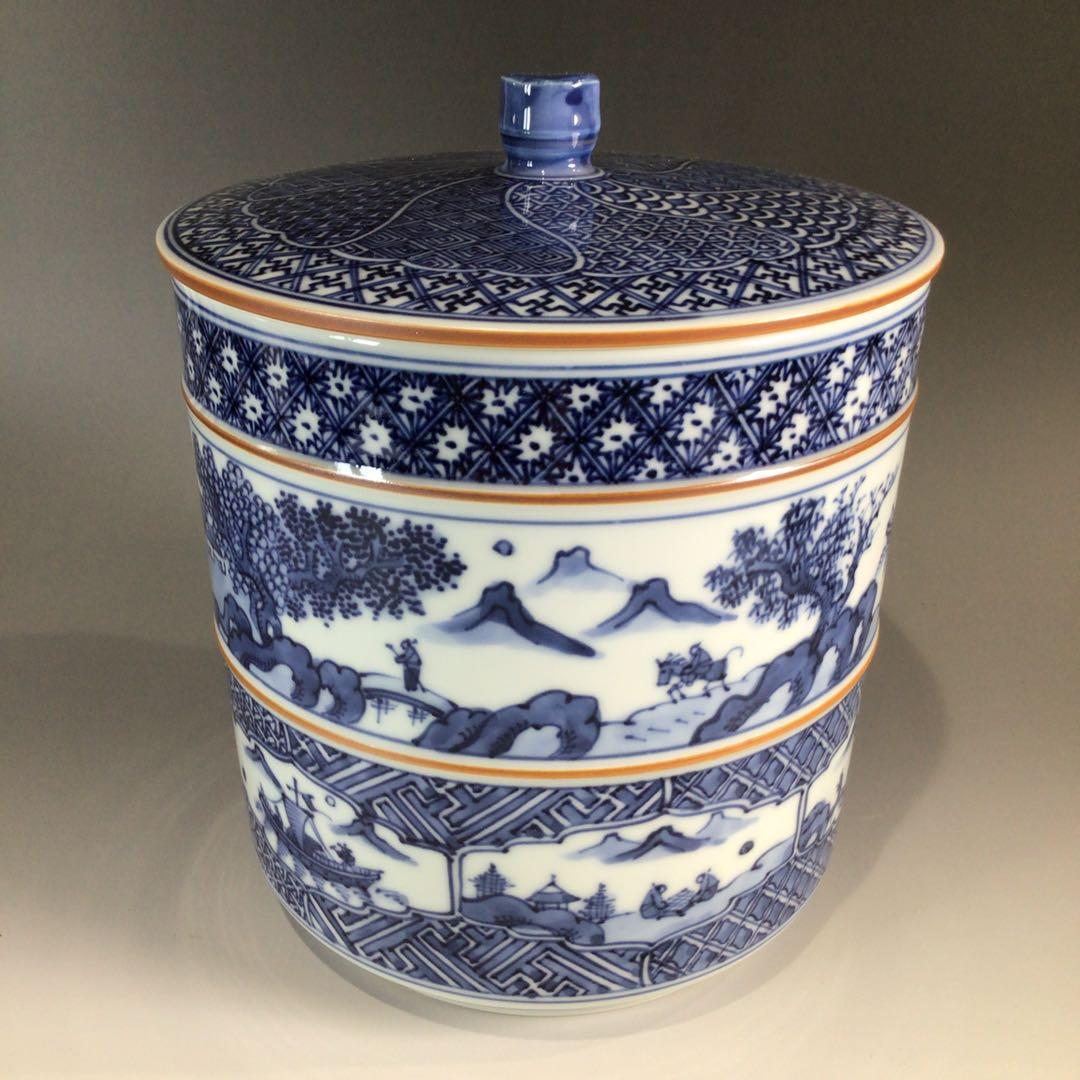 Ｐ７１７　水指　『平安秀峰造』『染付祥瑞写』『一重口水指』　共箱　茶道具