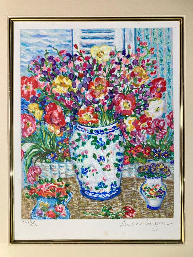 【真作保証】レスリー・セイヤー「花」シルクスクリーン 直筆サイン 版画