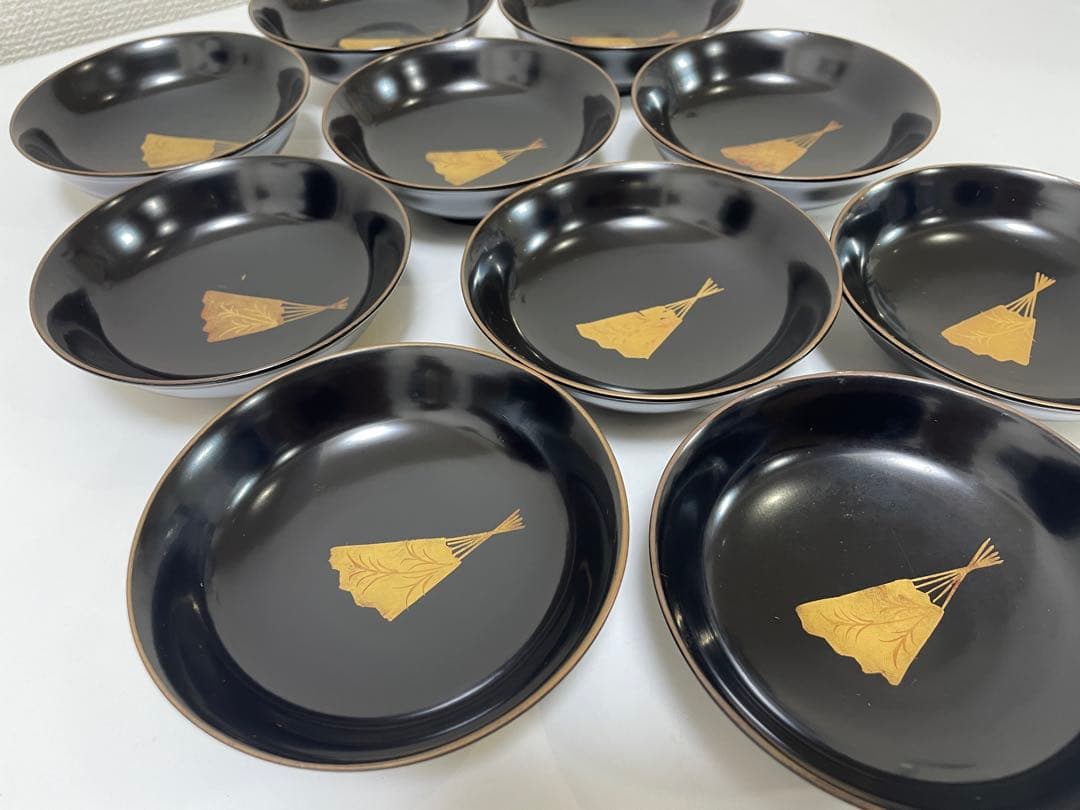 漆器 輪島塗 金蒔絵 扇柄 黒 内黒 吸物 割烹 蓋付き10客個 お煮物椀