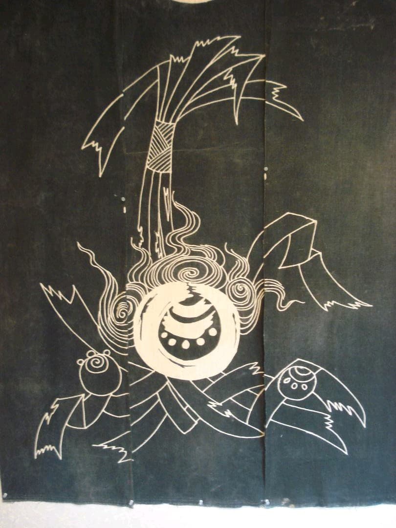 花嫁のれん　明治期　筒描き　藍染　家紋　宝珠　熨斗