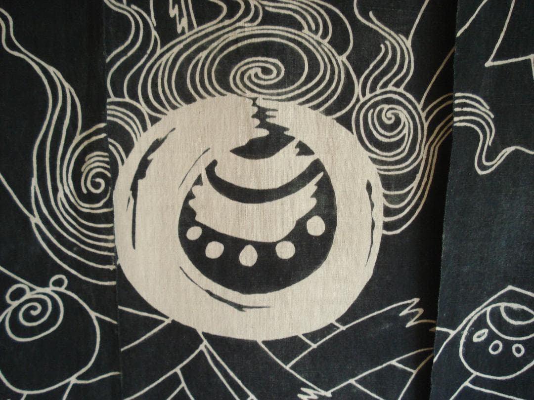 花嫁のれん　明治期　筒描き　藍染　家紋　宝珠　熨斗