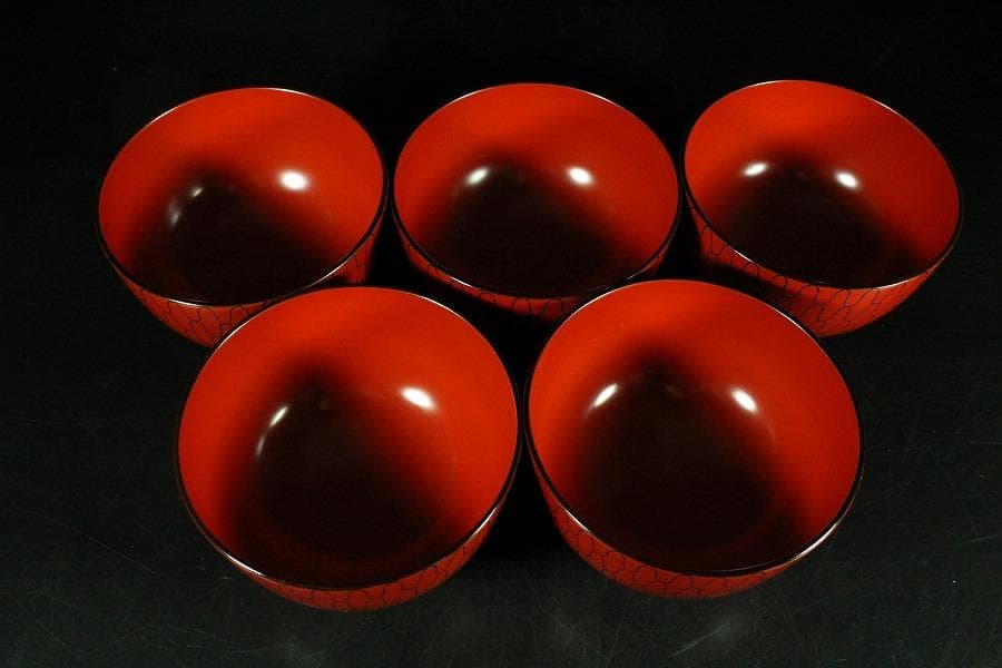 茶道具 網の絵 吸物椀 五客 塗師 宗哲 共箱 古美術(K-YC551)