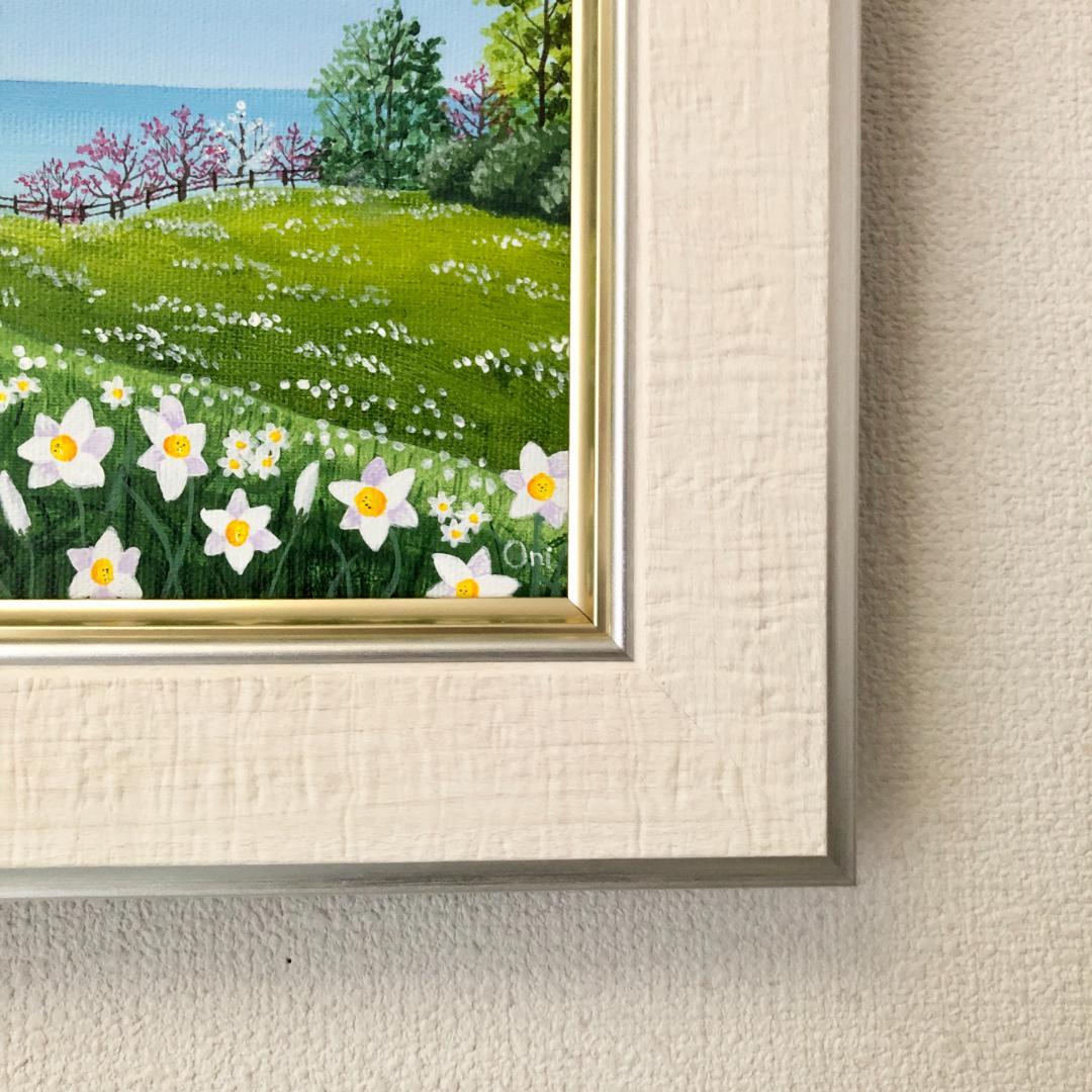 アクリル画　原画　「スイセンの咲く丘02」額縁付　SMサイズ　キャンバス