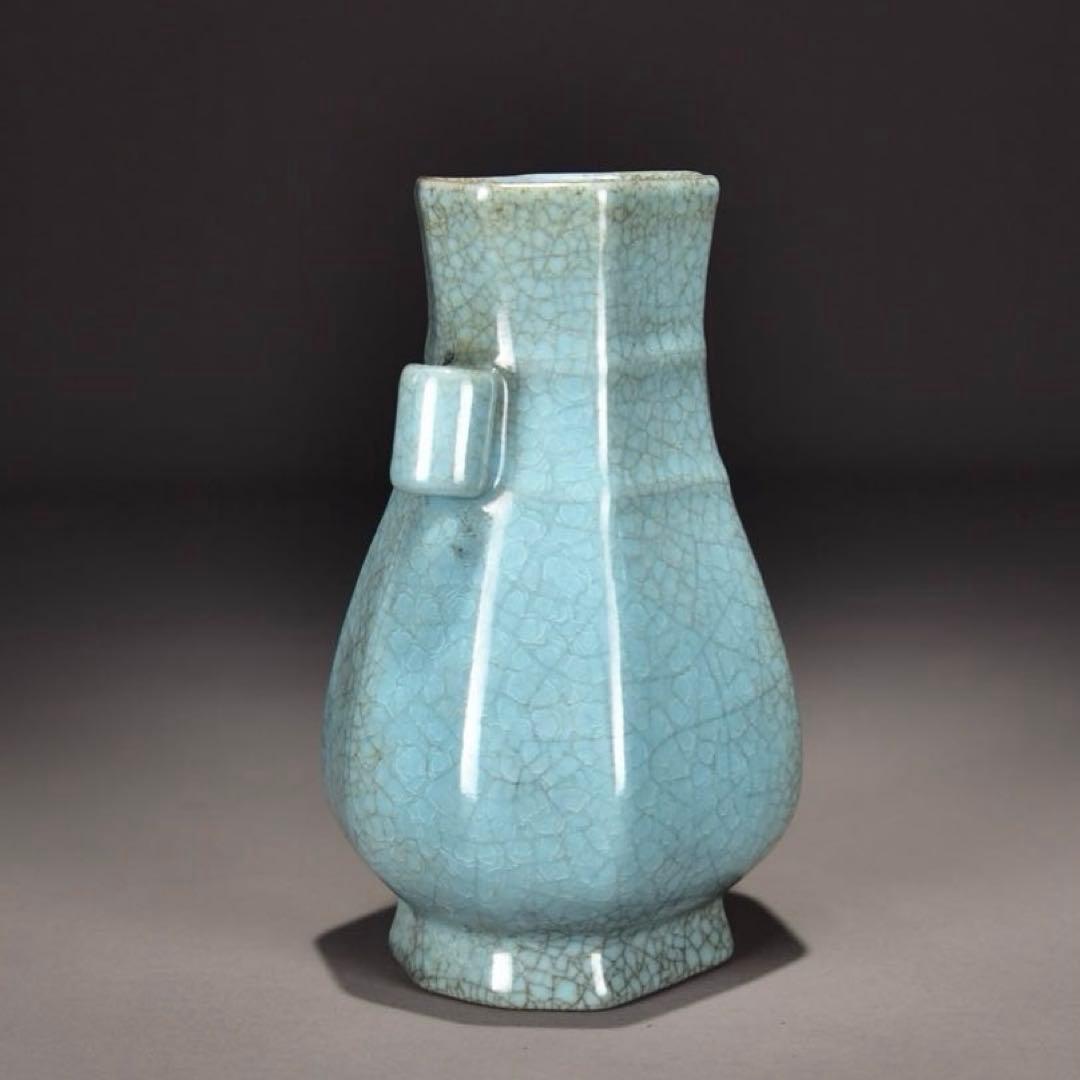 中国古美術　四大名窯 宋時代　天青釉 ヒビ貫入 天藍釉 寧寿宫「貫耳尊」皿汝窯