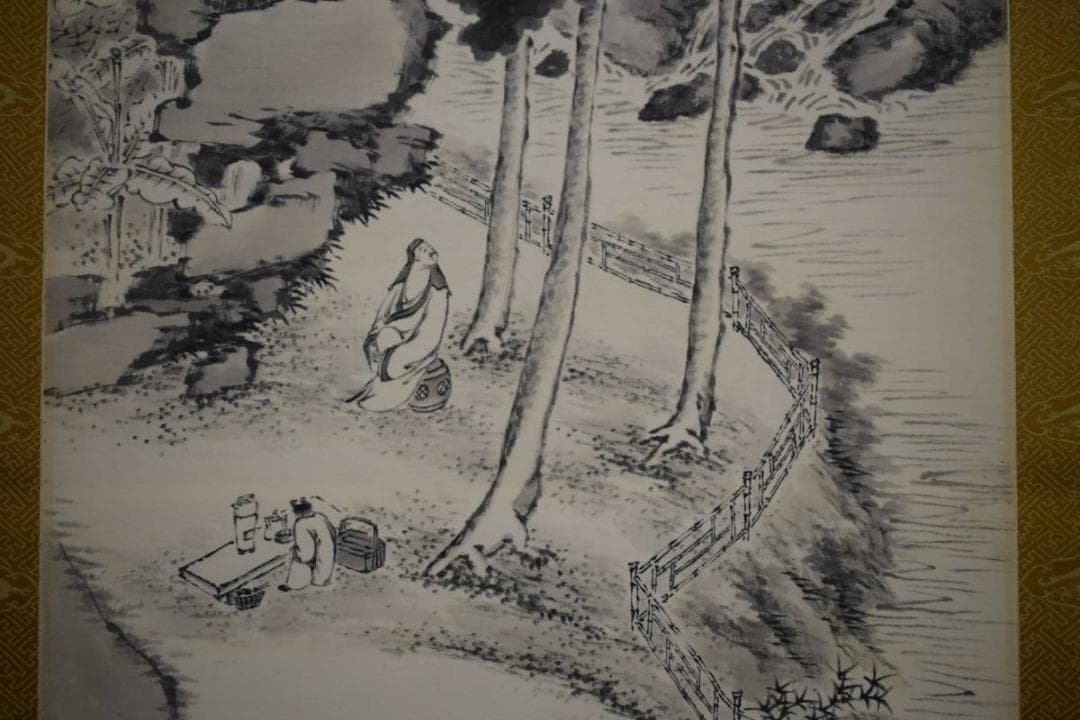 真作/河村虹外/山水人物図/桐極二重箱付/布袋屋掛軸HH-31