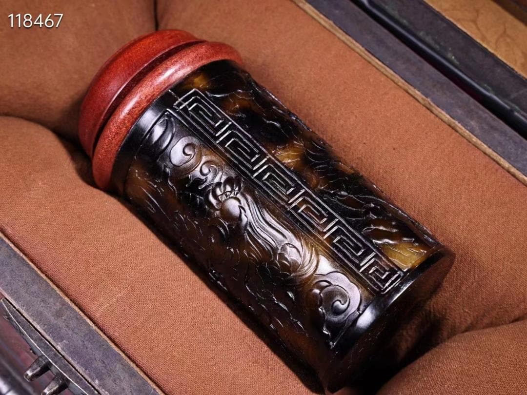 中国古美術・漆器箱付珍品古蔵珍しい高浮彫り龍・鼈甲コオロギ缶案頭・置物・文房具