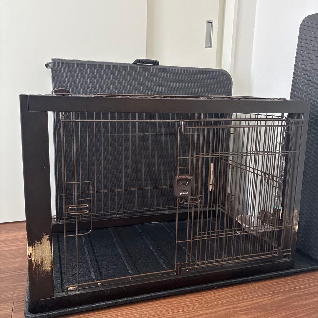 天然木　伸縮木製スライドペットサークル ダークブラウン　屋根・トレイ付き