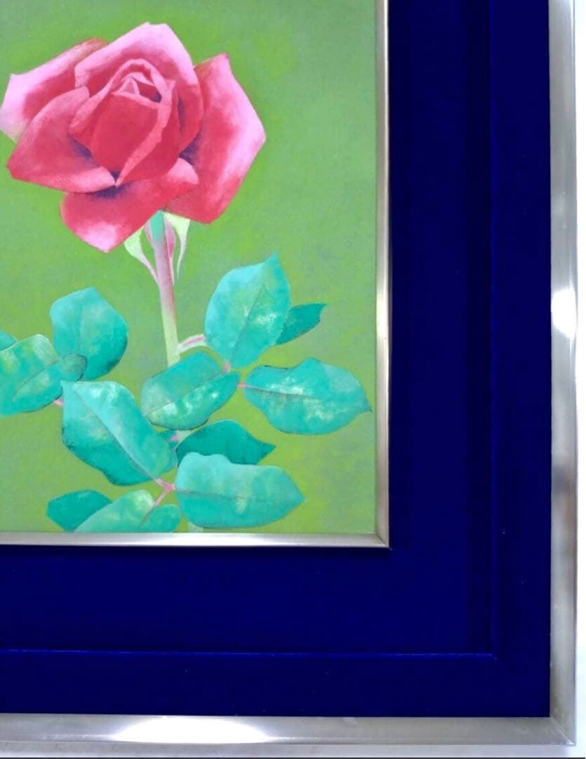 中村白玲「薔薇」日本画 日展会友 金落款/共シール付 額装美品