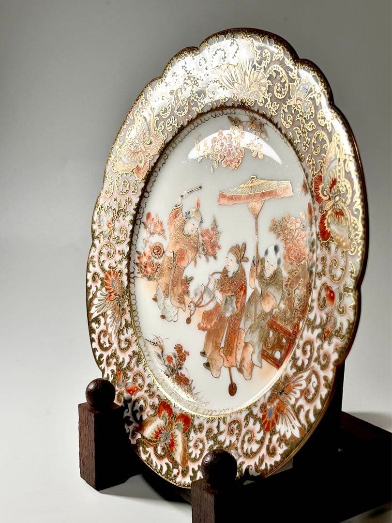 稀少 明治九谷の第一人者 松本佐平 松雲堂 赤絵金彩唐子図中皿 其のニ 九谷焼