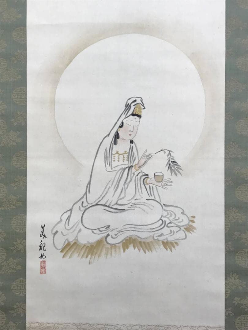 【真作】管美紀/揚柳観音図/観音図/仏事掛/人物図/掛軸/名家伝来/AD-374