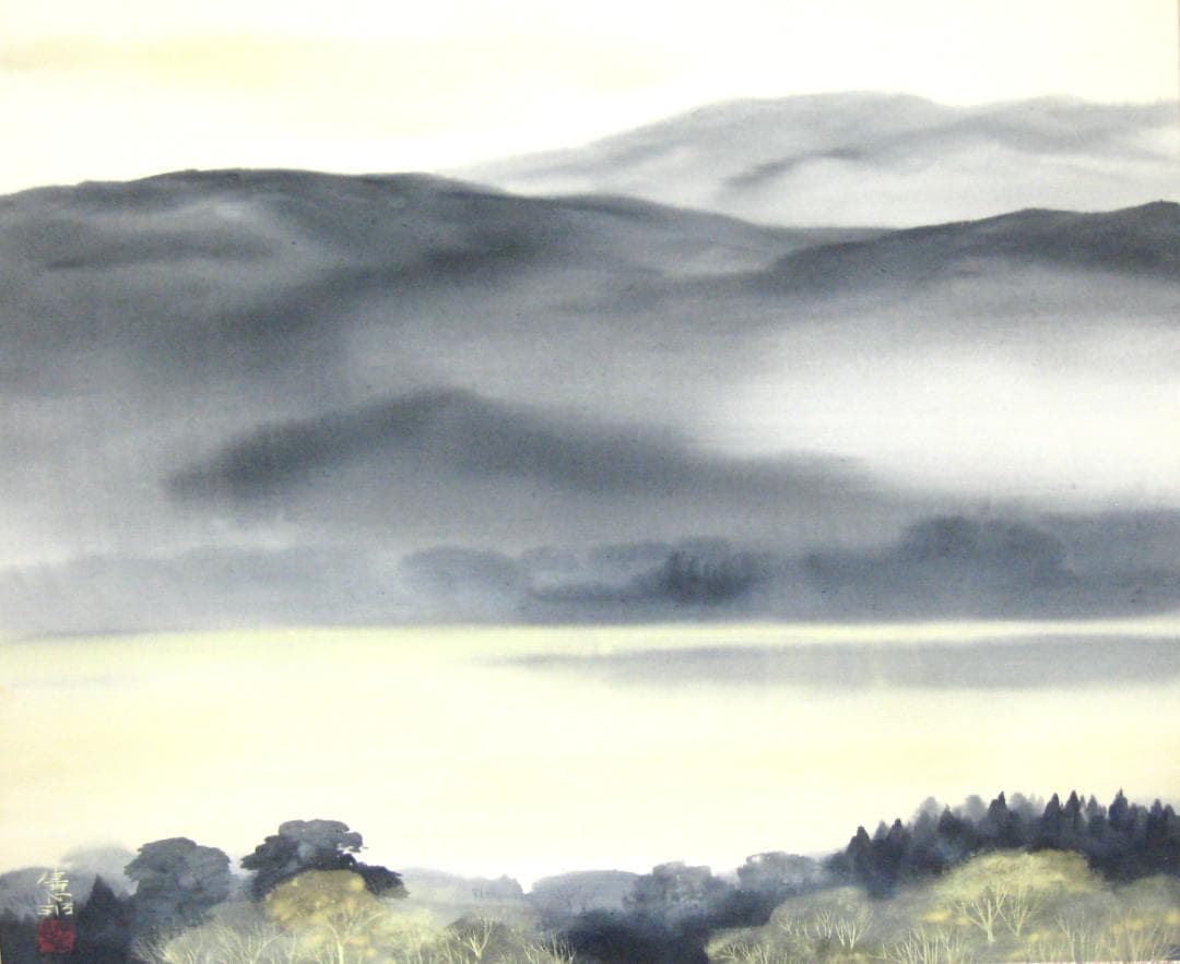 【真筆】掛け軸 掛軸　水墨山湖◆川村憲邦　太巻・共箱・二重箱