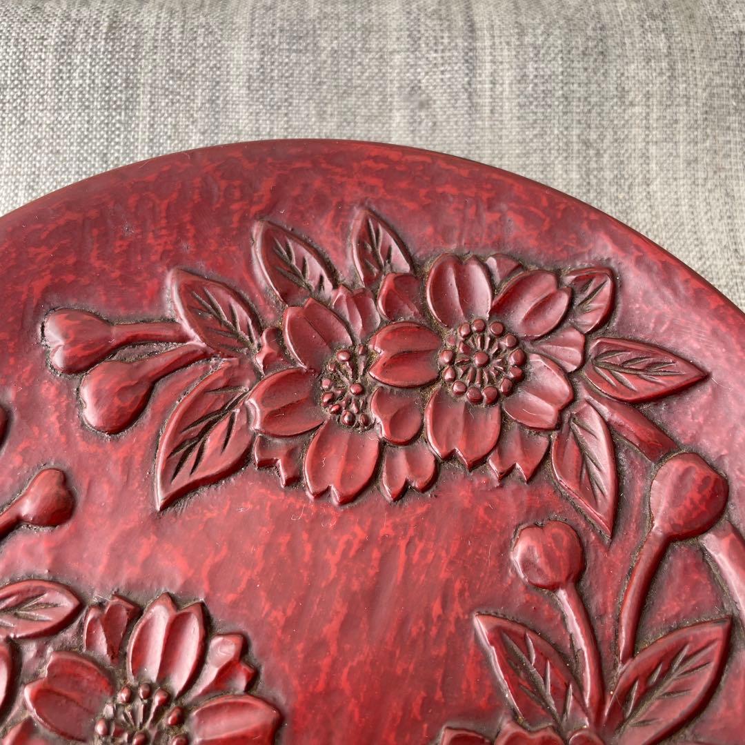 確認用　鎌倉彫　八重桜　サクラ　漆器　木製　木彫り　菓子皿　5寸皿