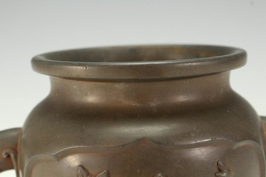 古銅 象耳 花鳥紋 香炉 古美術(K-LC956)