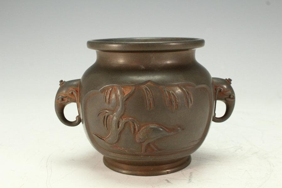 古銅 象耳 花鳥紋 香炉 古美術(K-LC956)