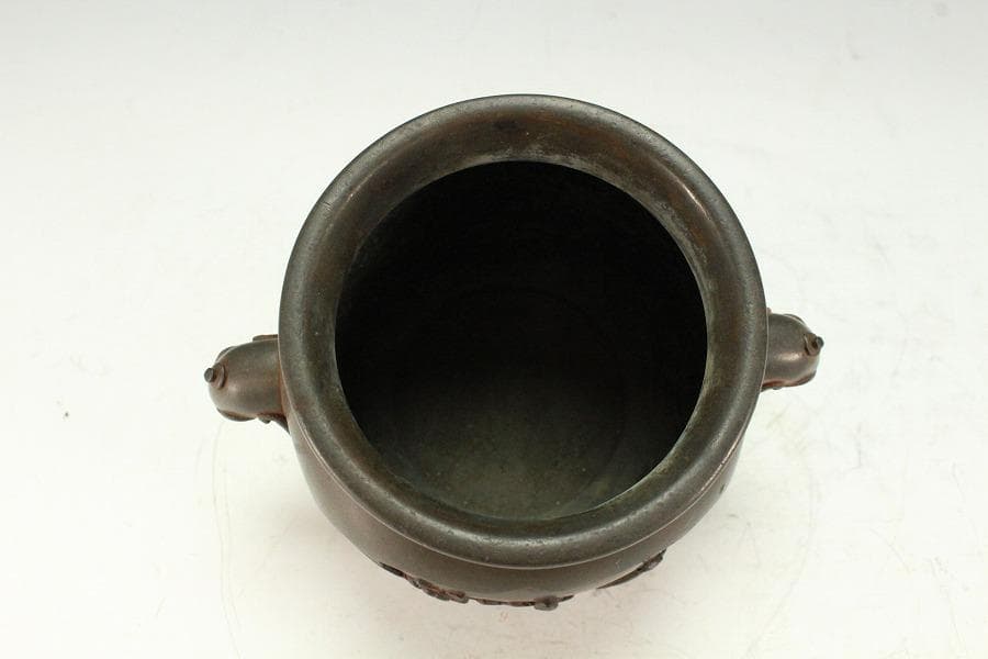 古銅 象耳 花鳥紋 香炉 古美術(K-LC956)