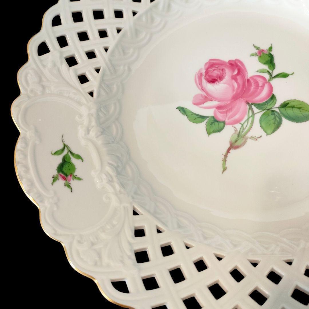 マイセン MEISSEN ピンクローズ オープンワーク 透かしプレート 1級品