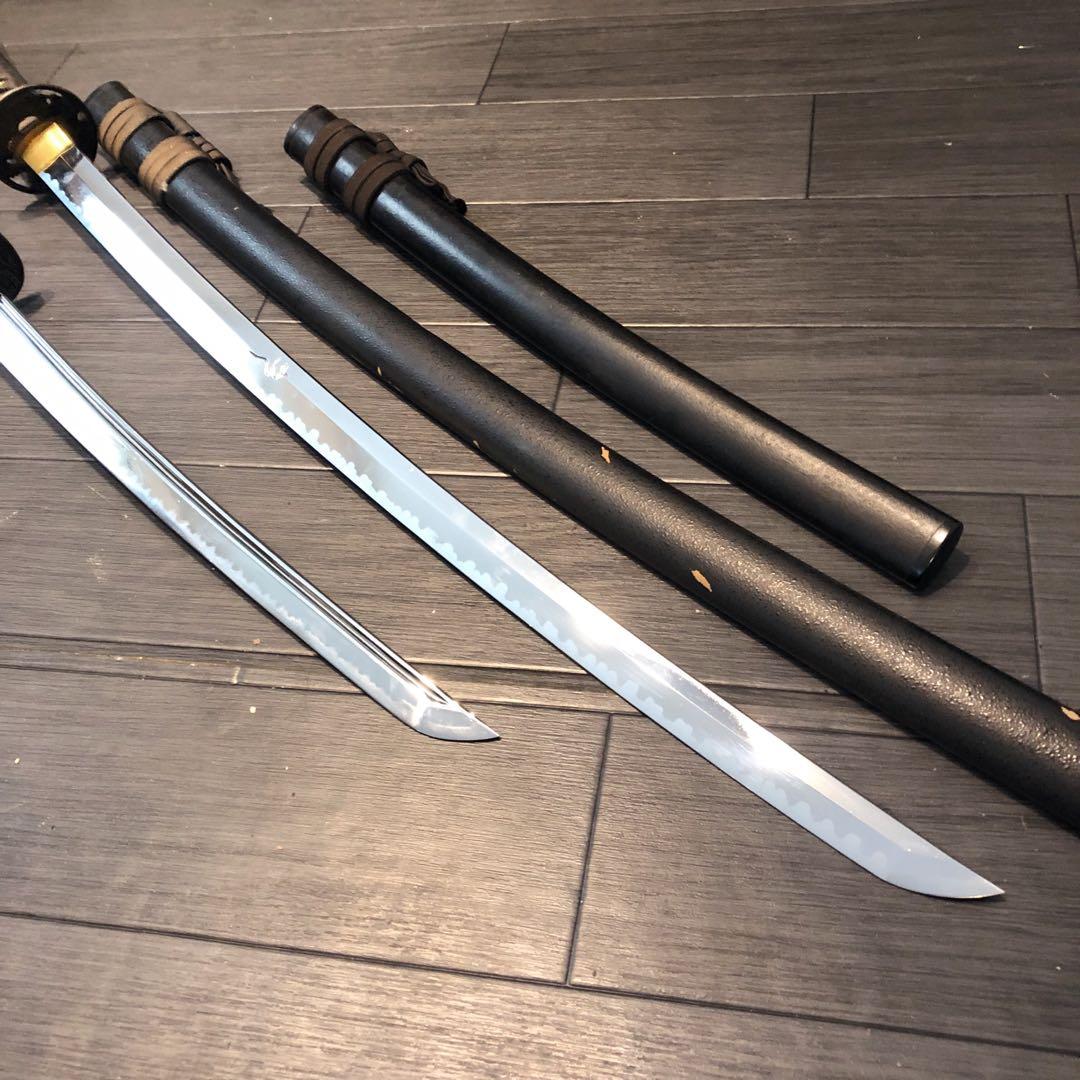 本格模造刀　優刃紋刀身　樋入り　龍刻印　太刀　脇差　大小セット　緑拵え