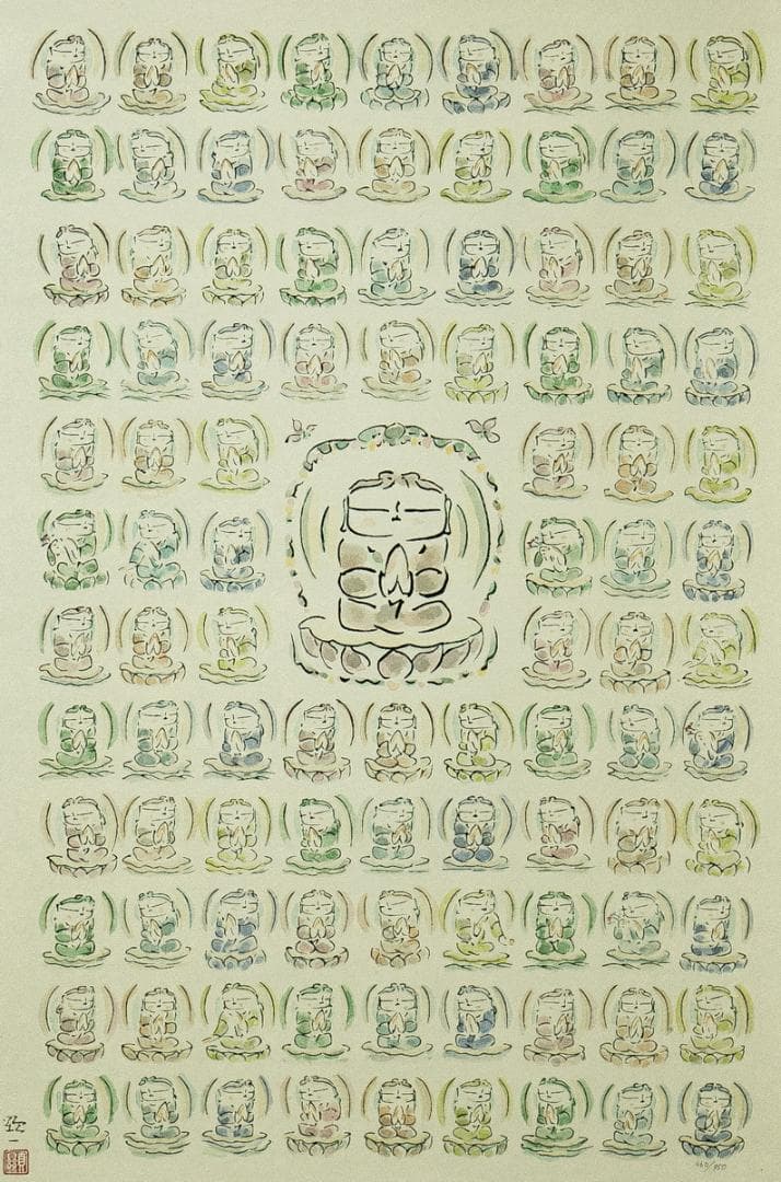 掛軸-1749　佐久間顕一　百体合掌童子　手彩木版画　共箱　太巻　限定九百五十部