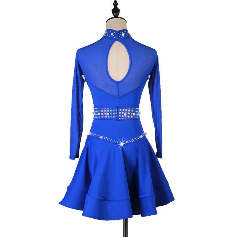 青い長袖ビジュー付きダンスドレス