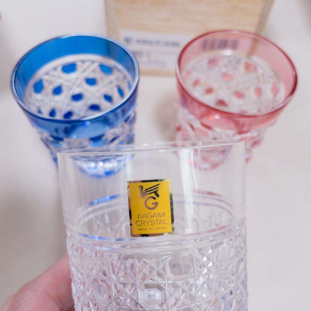 未使用　3点セット　江戸切子／カガミクリスタル　八角籠目紋　ペア懐石杯　ロック