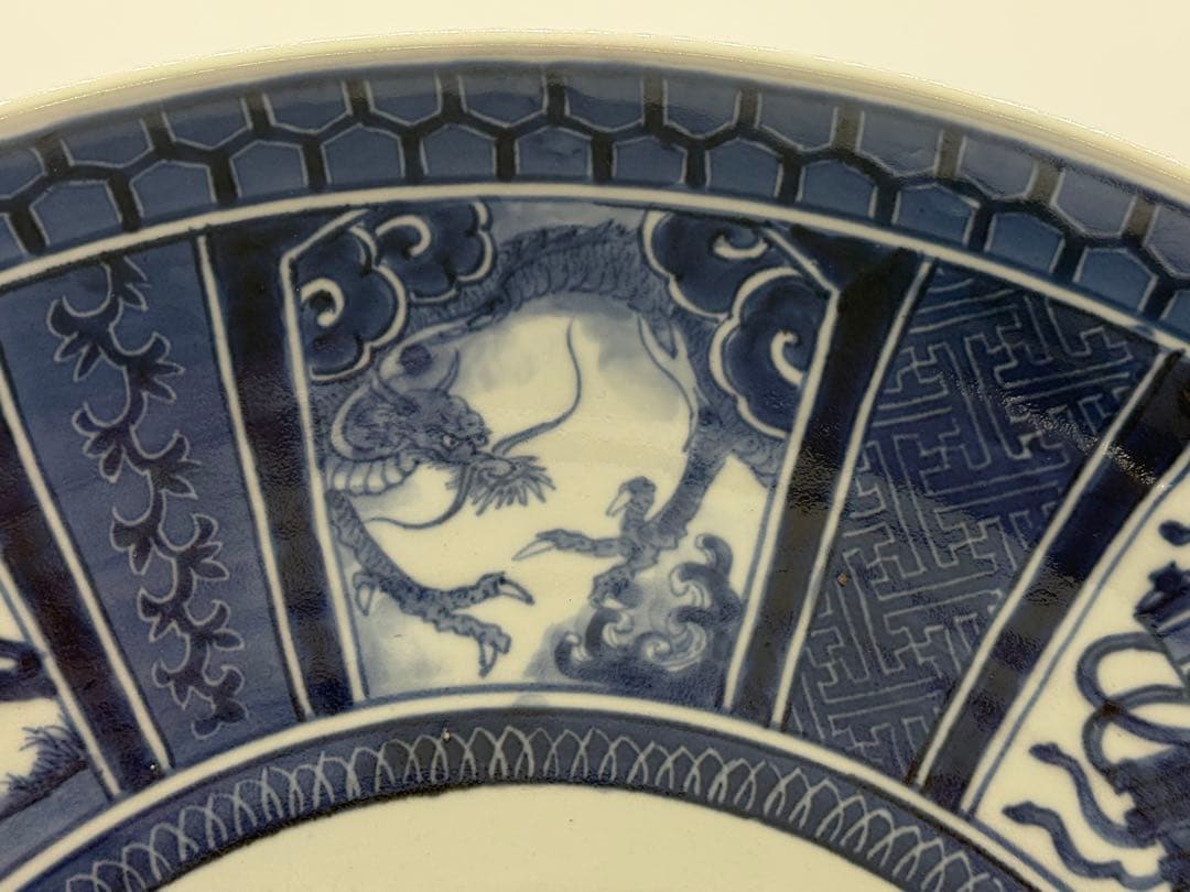 江戸　伊万里　染付　龍紋　柳紋大皿　直径約45.7cm 送料込み260204