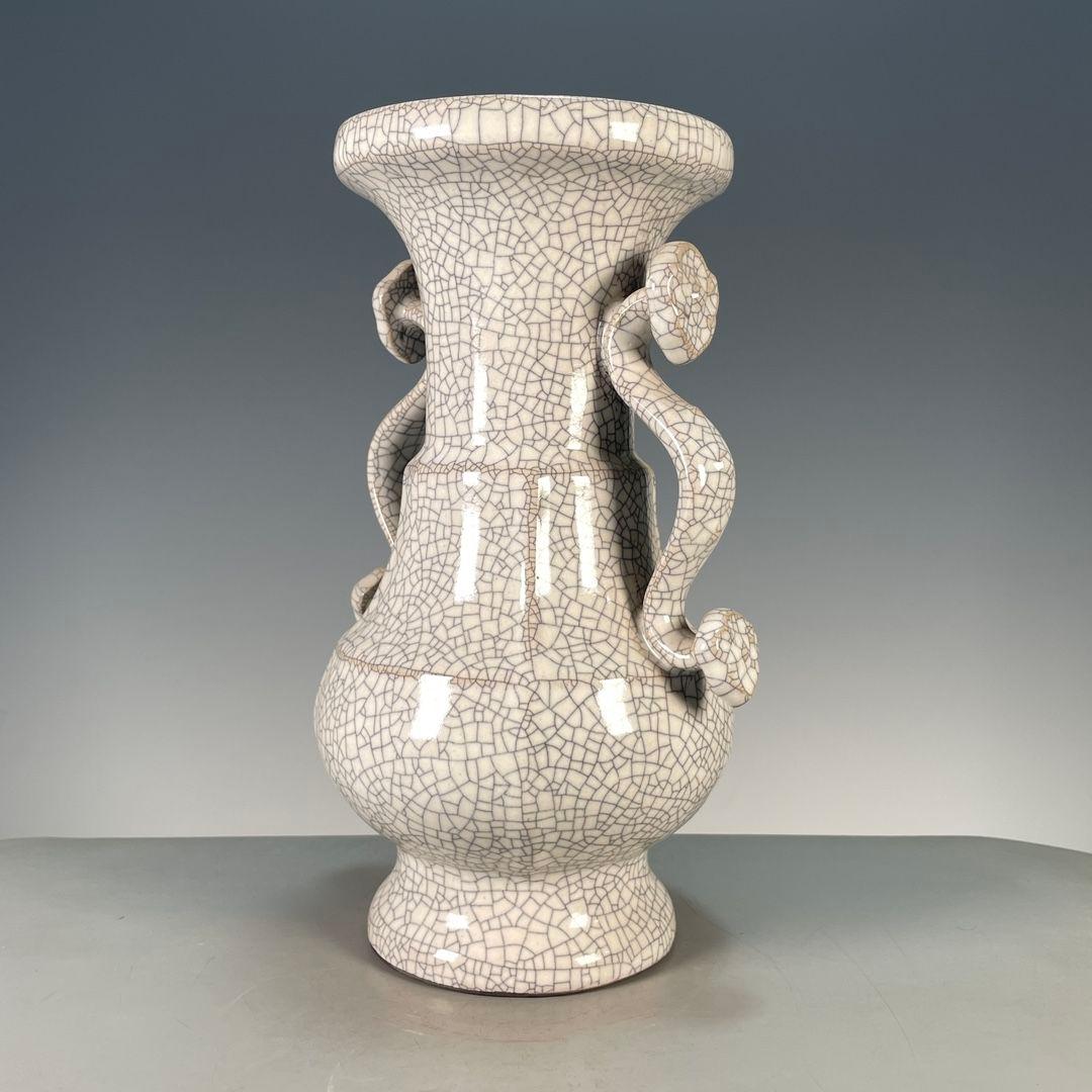 哥窯開片如意双耳瓶 景徳鎮 陶磁器 装飾品 現代工芸品 美術品 置物