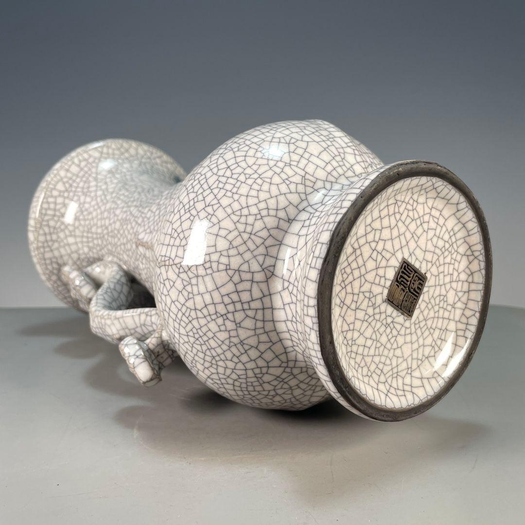 哥窯開片如意双耳瓶 景徳鎮 陶磁器 装飾品 現代工芸品 美術品 置物