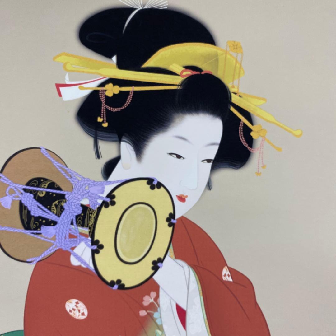 美品 掛け軸 上村松園筆「鼓の音」美人画 浮世絵 印刷 太巻き付