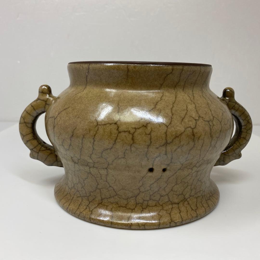 中国古窯　哥窯双耳香炉　高さ10.2㎝　トヒチル　東さ7-0728①