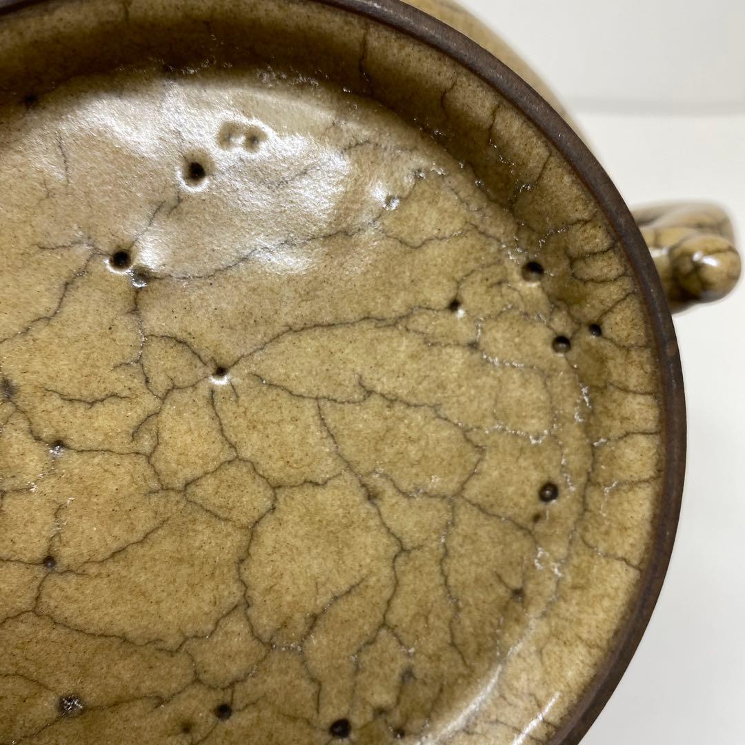 中国古窯　哥窯双耳香炉　高さ10.2㎝　トヒチル　東さ7-0728①