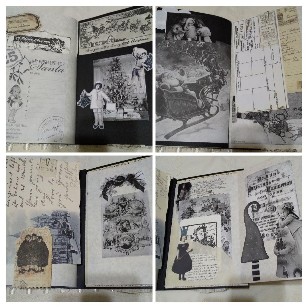 モノクロカラーのクリスマス　ジャンクジャーナル　アンティーク　レース　ビンテージ