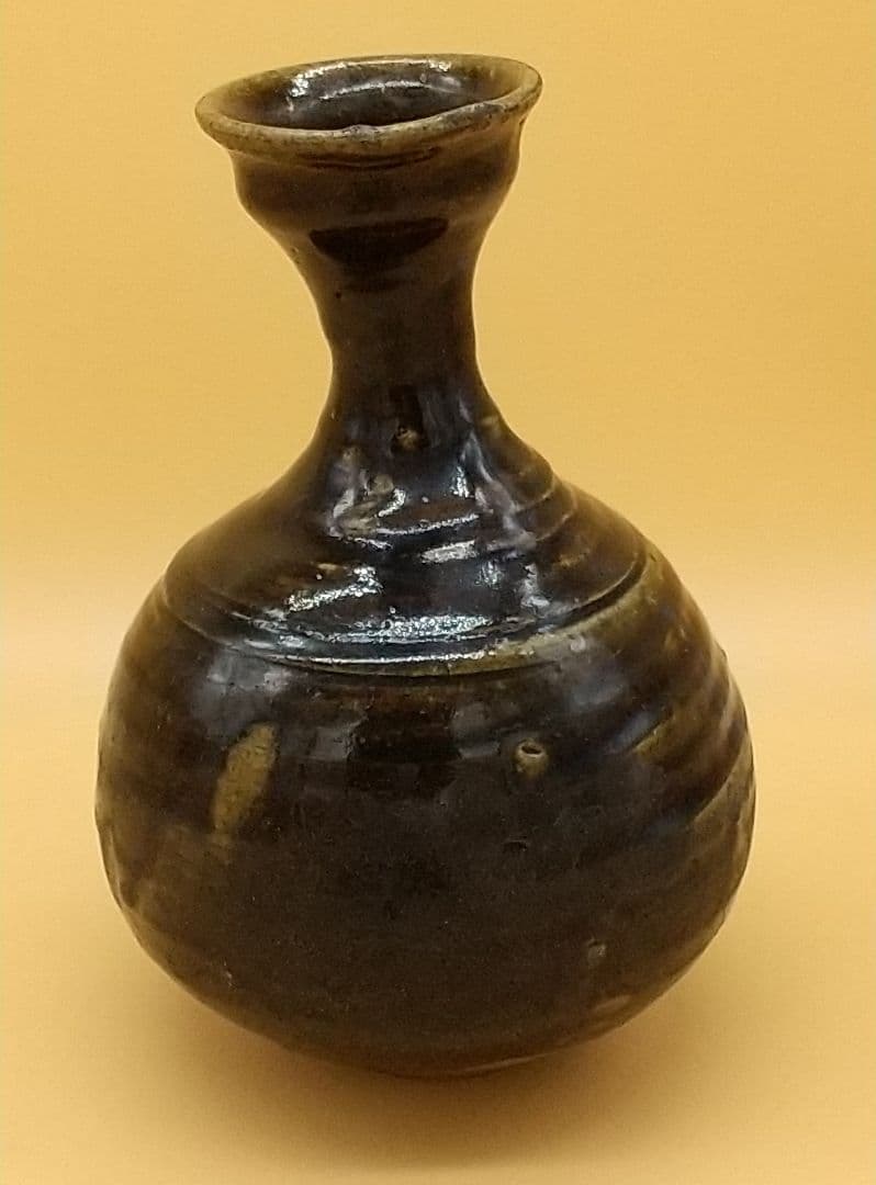 李朝 涘流山窯 黒釉 瓶 骨董 東大寺長老 清水公照氏 極め箱