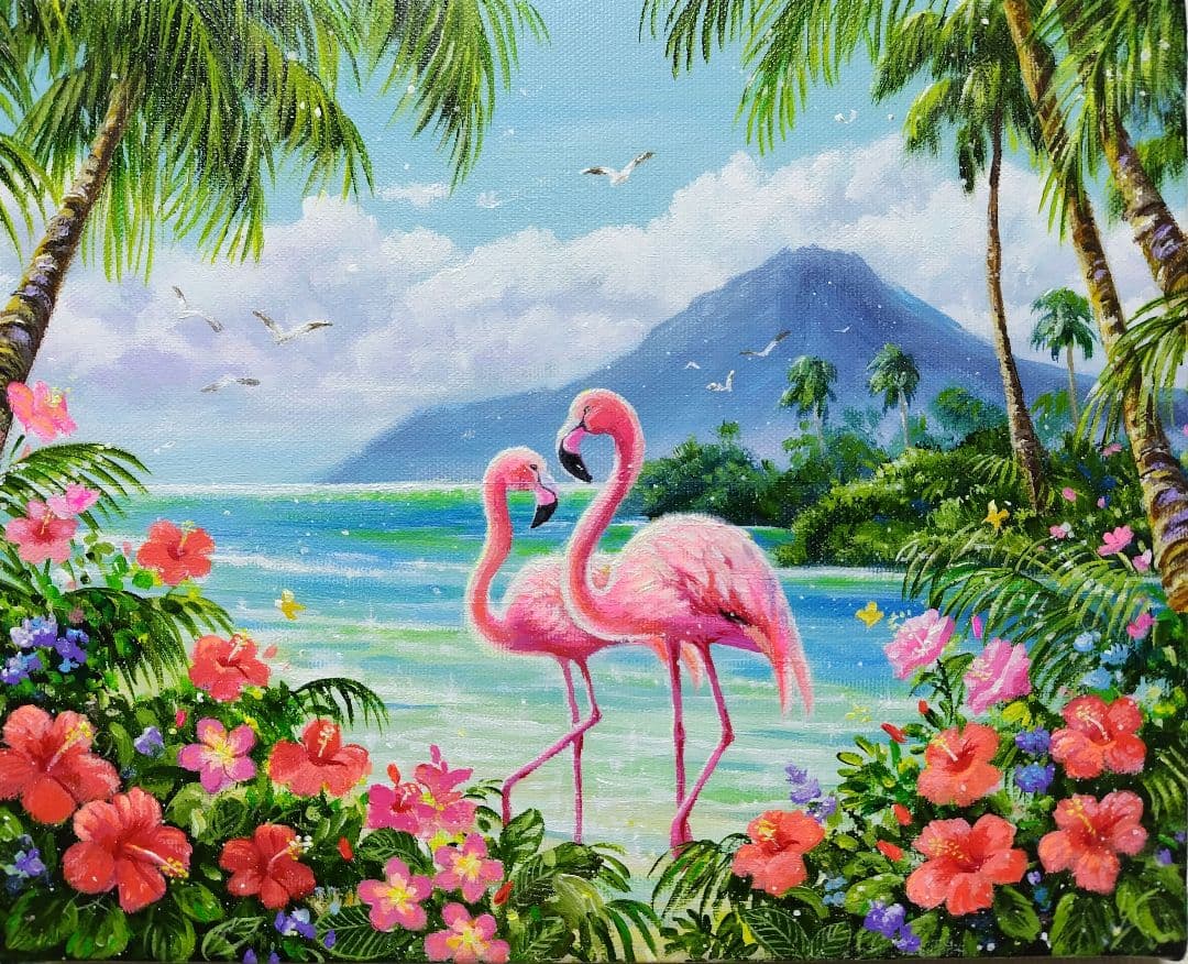 【フラミンゴ】アクリル画 F3 風景画 絵画