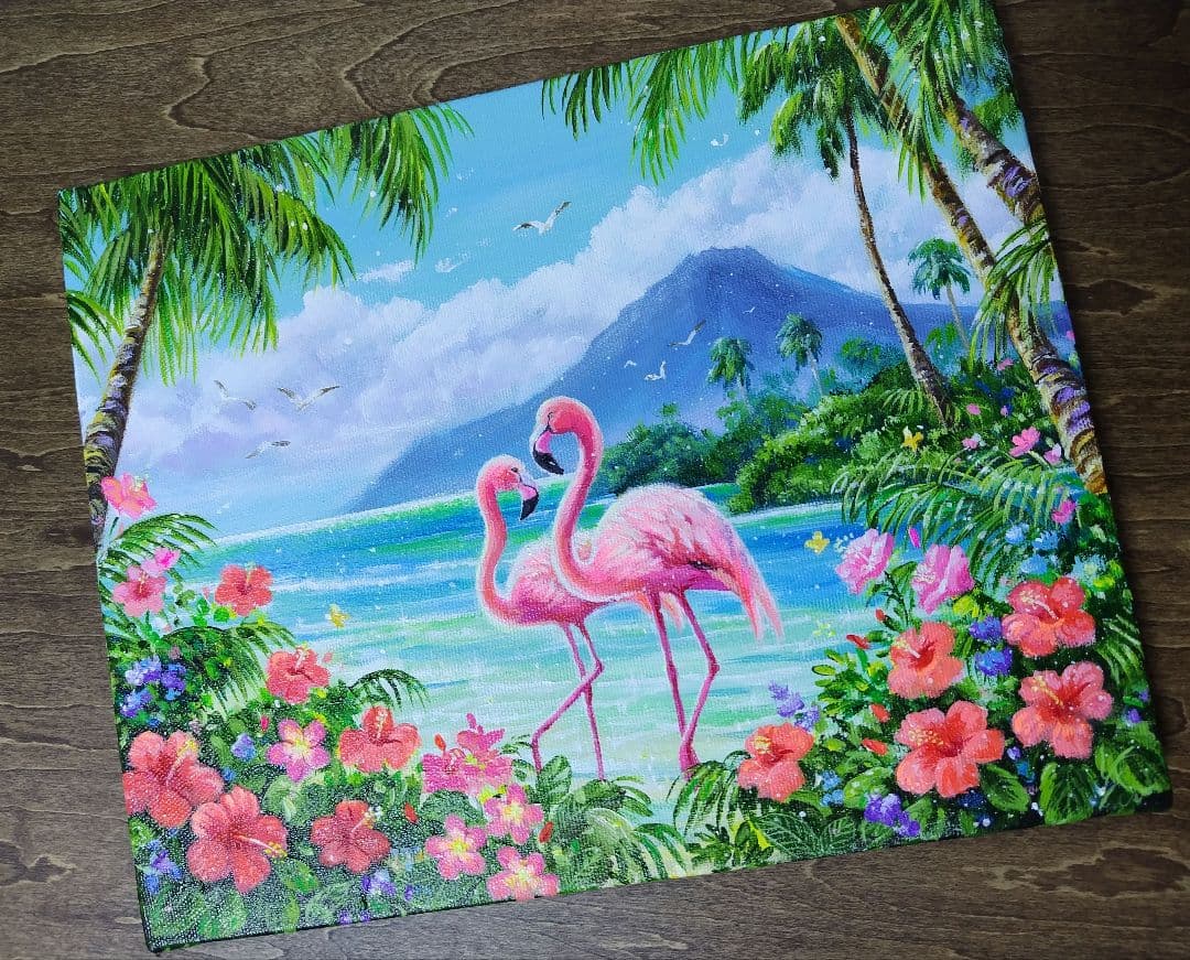 【フラミンゴ】アクリル画 F3 風景画 絵画