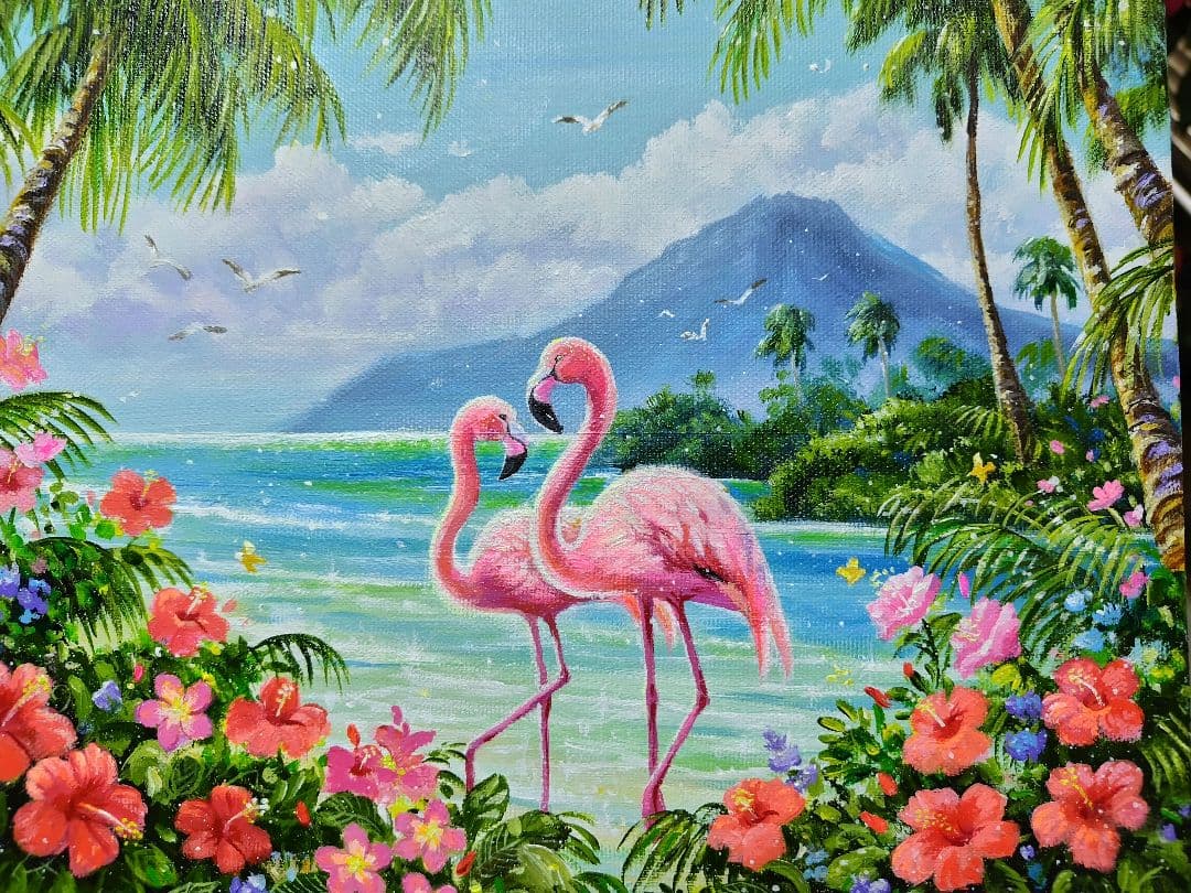 【フラミンゴ】アクリル画 F3 風景画 絵画