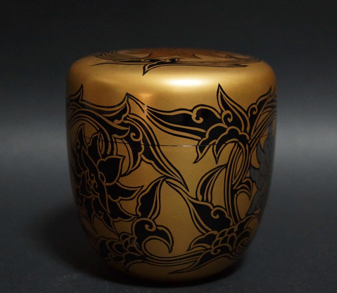 輪島塗 蒔絵師 紫香 (谷内 一則)造 金蒔絵『唐花』棗木製漆塗 共箱★美品