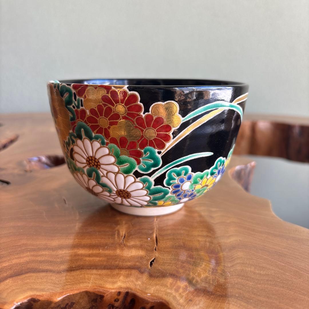 京焼 岡田赤雲 色絵菊 抹茶碗 茶道具 共箱(416Bd)